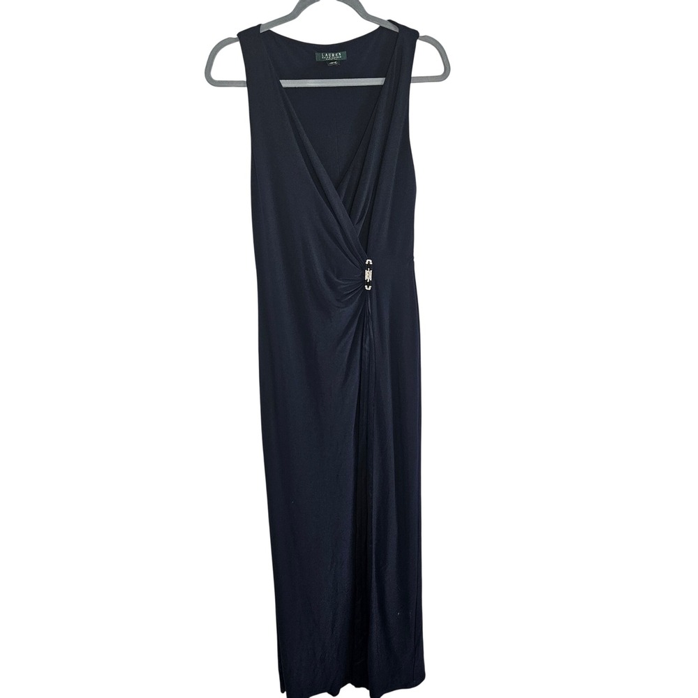 Lauren Ralph Lauren Evening Navy Blue Rhinestone Brooch V-Neck Gown Dress 6